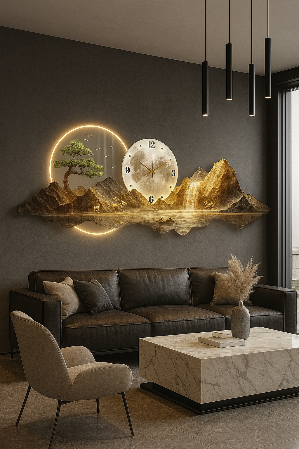 Horloge Murale 3D Montagne et Lune - Grand Format jusqu'à 180 cm Silencieuse